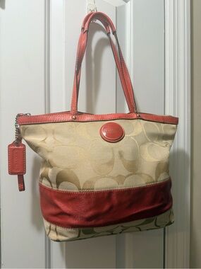 Coach Beige Signature Canvas Tote with Coral Red Leather Trim